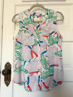 ANTHROPOLOGIE MAEVE Beach Umbrella Button Up Tank Top Sz 6 Whimsy Vacation Light